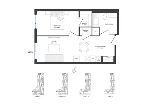 Floor plan for 1 bed, 1 bath, 580 sqft